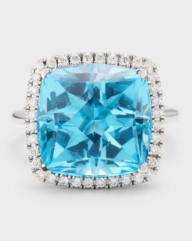 Rocks 18K White Gold Cushion Cut Blue Topaz and Diamond Halo Cocktail Ring, Size 6